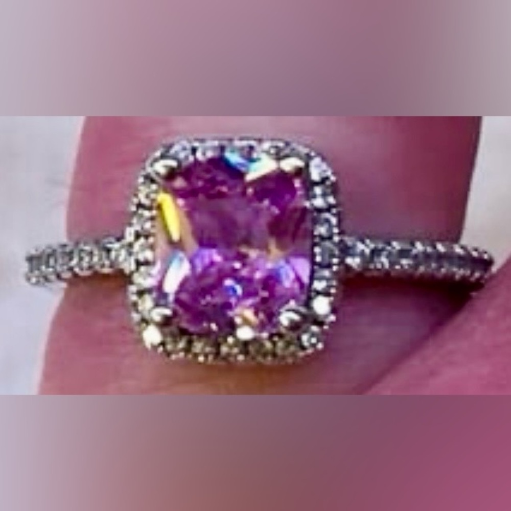 925 Silver Pink Cushion-Cut CZ Stone Halo Ring - Women Jewelry